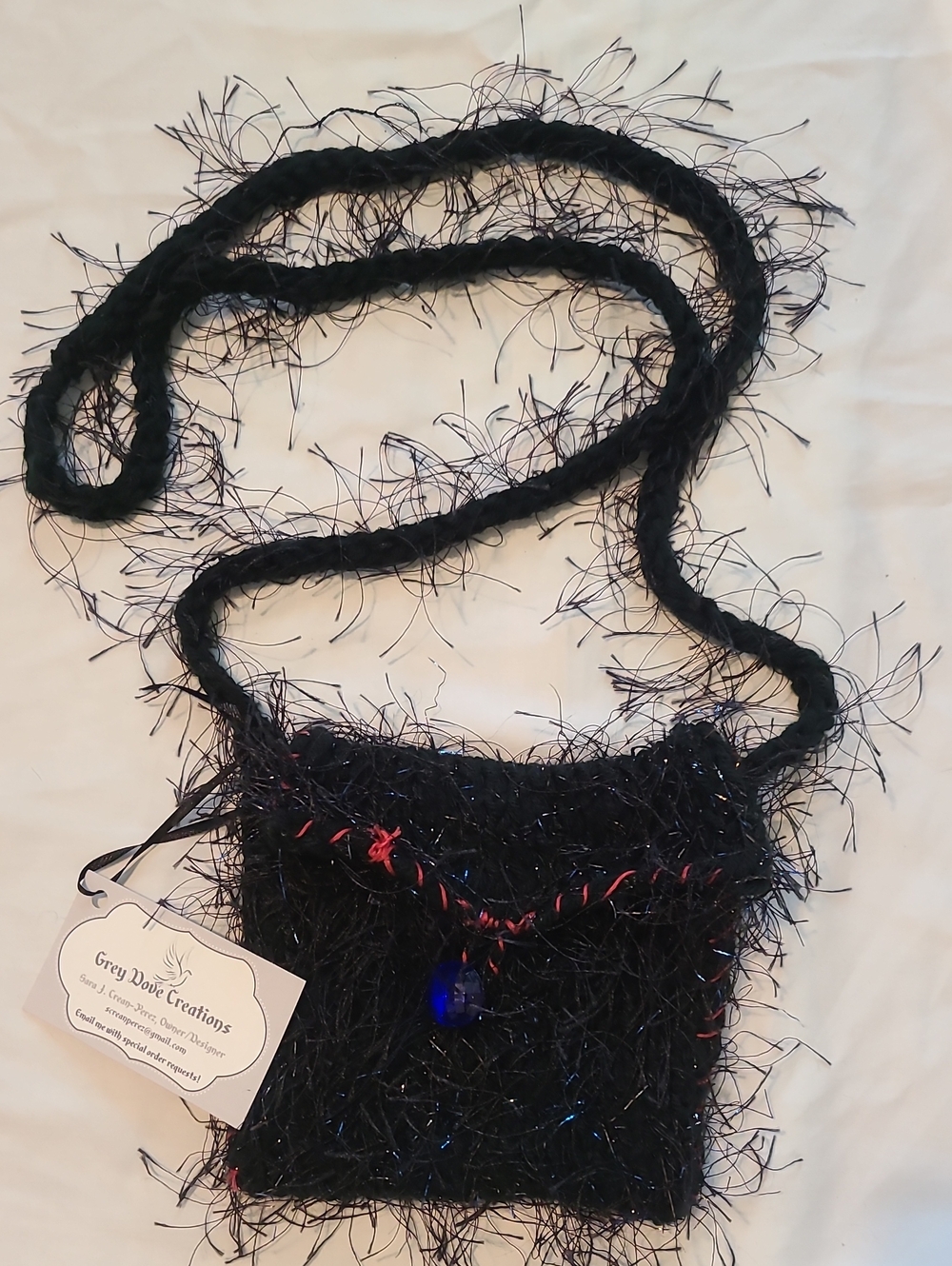 Black Fuzzy Crossbody Bag with Blue Button Handknit By Grey Dove Creations